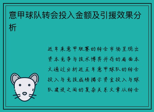 意甲球队转会投入金额及引援效果分析