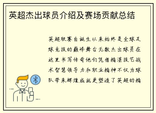 英超杰出球员介绍及赛场贡献总结