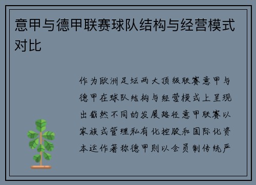 意甲与德甲联赛球队结构与经营模式对比